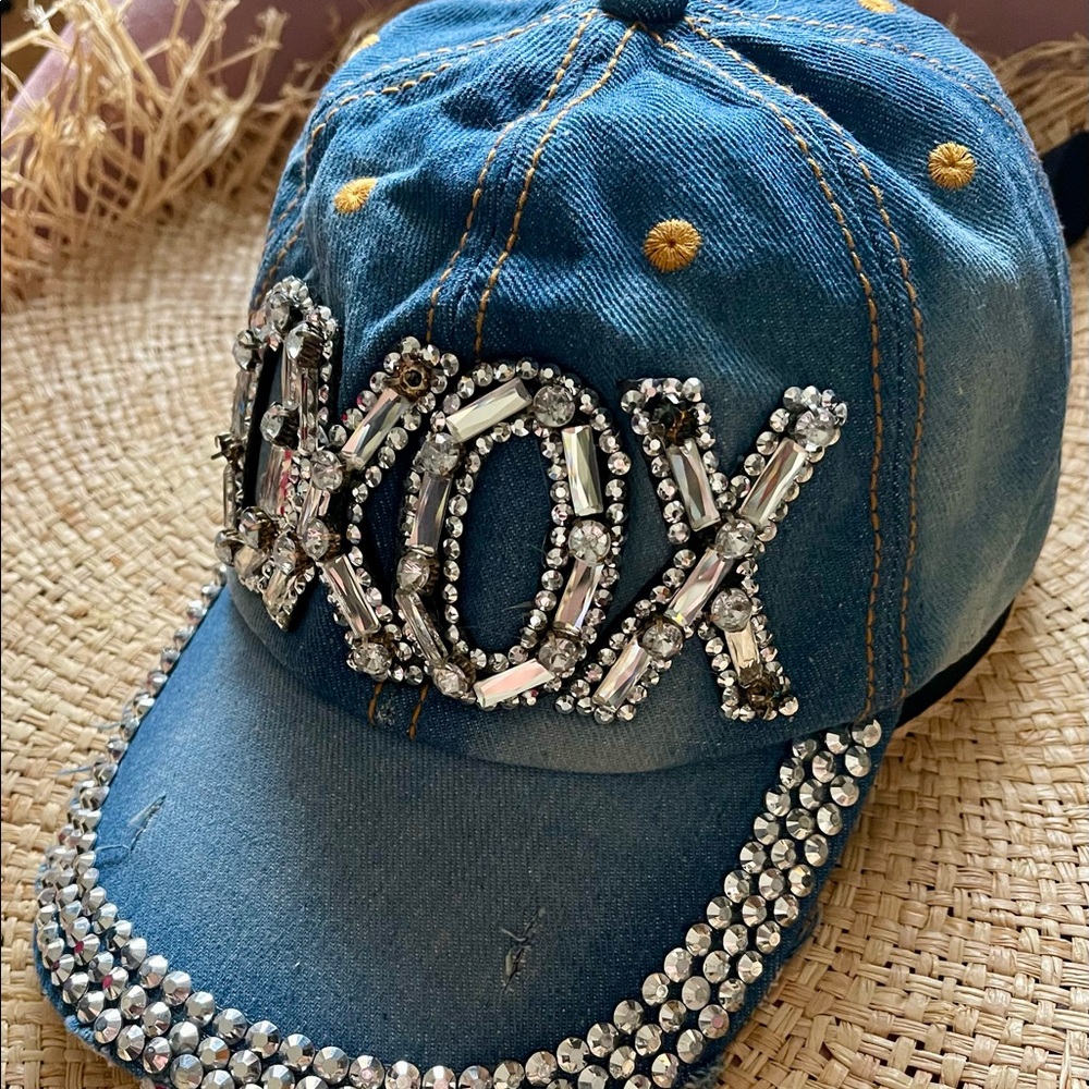 Jeans Rhinestones Jewels XOXO Frayed Hat Cap